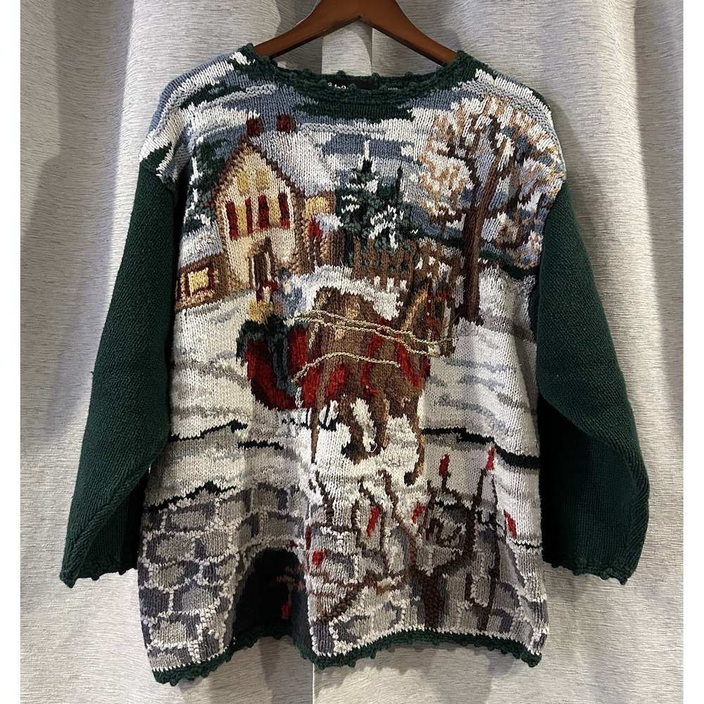 Vtg Stefano 80s Christmas Sweater Horse Carriage‎ Knit Cottagecore Grandma Heavy